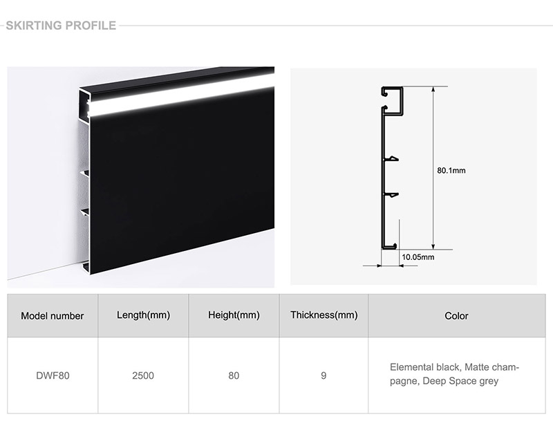80*9mm LED Aluminum Alloy Skirting Board