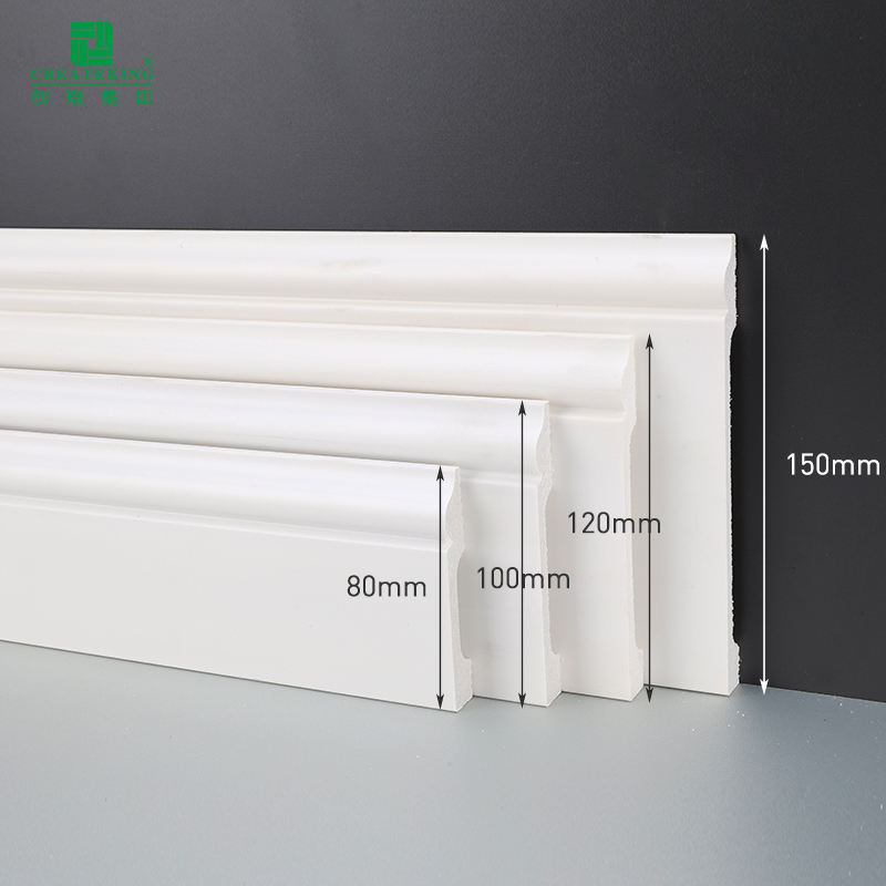 Detailed profile drawings of PS skirting boards available in heights of 80mm, 100mm, 120mm, and 150mm.