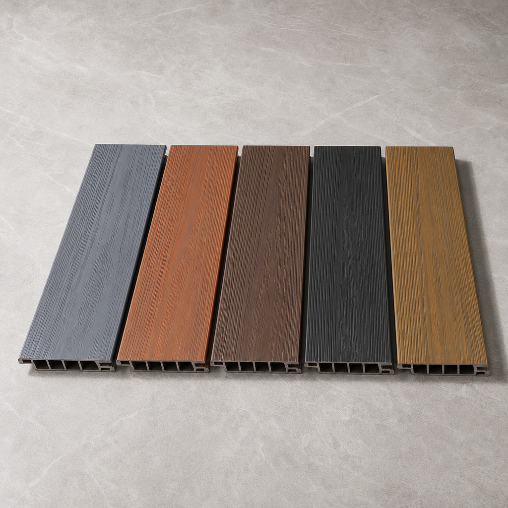 Close-up of co-extruded WPC decking board showing ASA surface layer and realistic wood grain texture.