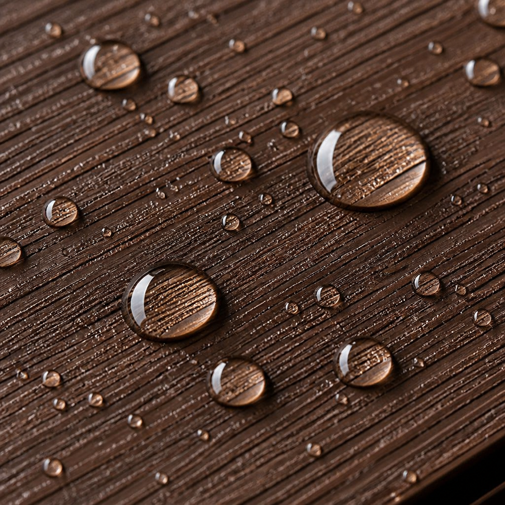 Close-up of co-extruded WPC decking board showing ASA surface layer and realistic wood grain texture.